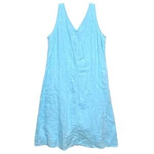 Talbots Linen Midi Sleeveless Dress Size 16 Blue Beachy Coastal Preppy Lined